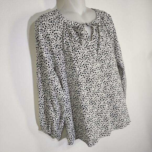 Loft Womens Top Small Floral Long Sleeve Black White Lightweight Tie Keyhole - Picture 4 of 9